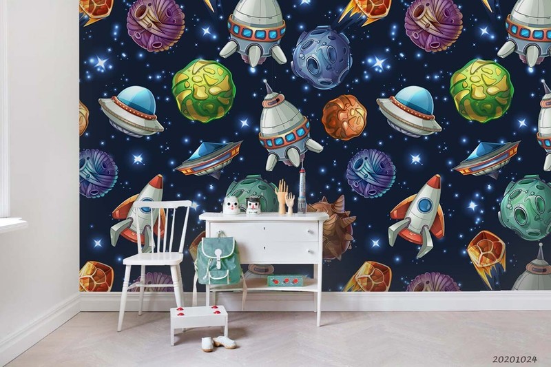 3D Planet Rocket UFO Pattern Self-adhesive Removable Wallpaper Murals gallery