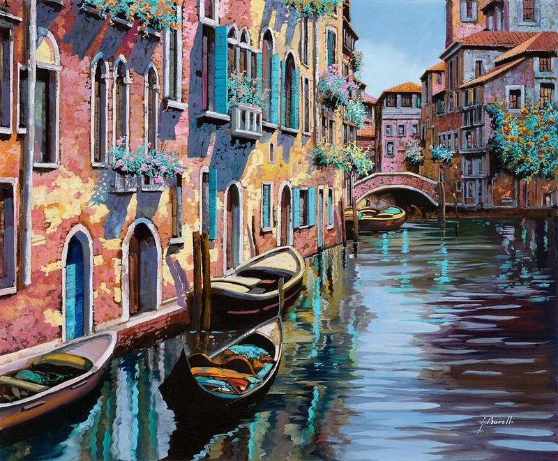 ceramic tile mural backsplash. Venice Canal harbor with boats in Italy. Venezia.
