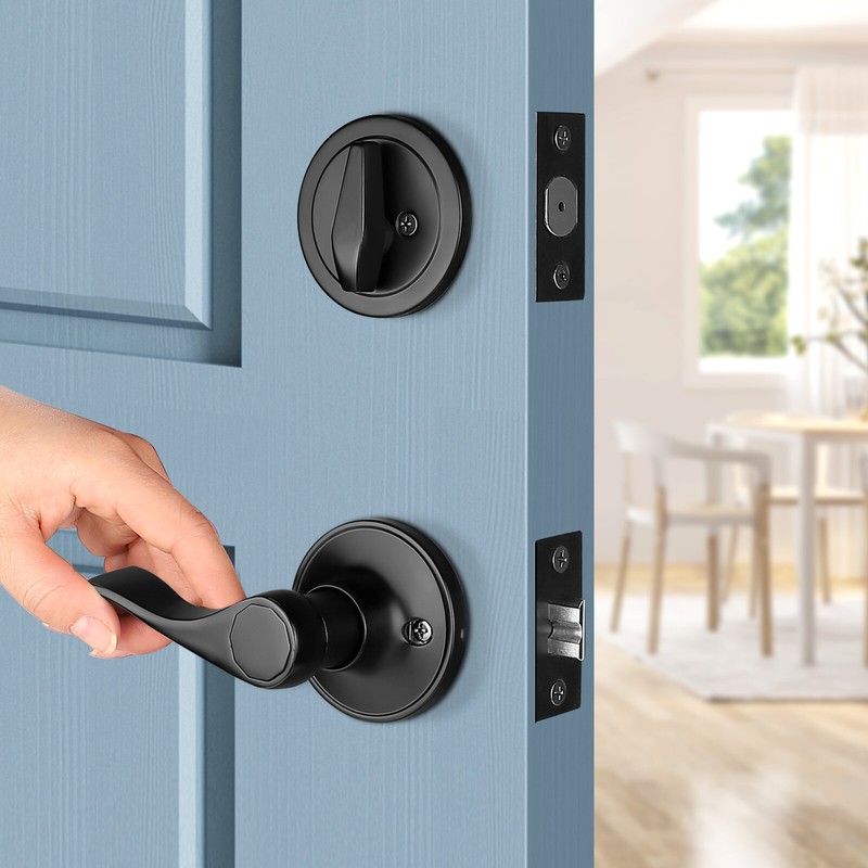 Probrico Matte Black Front Entry Lock Set Privacy Passage Door Levers Deadbolt gallery