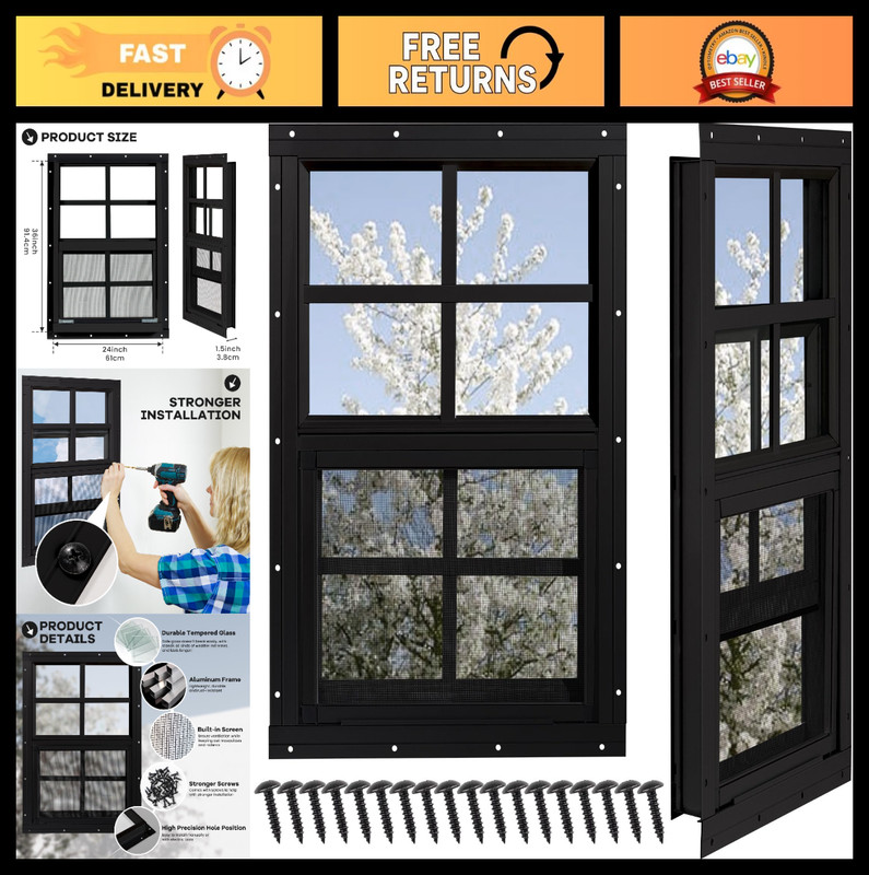 2 Pack Shed Windows 24″x36″ Tempered Glass & Fiberglass Screen for Coop, Barn, G
