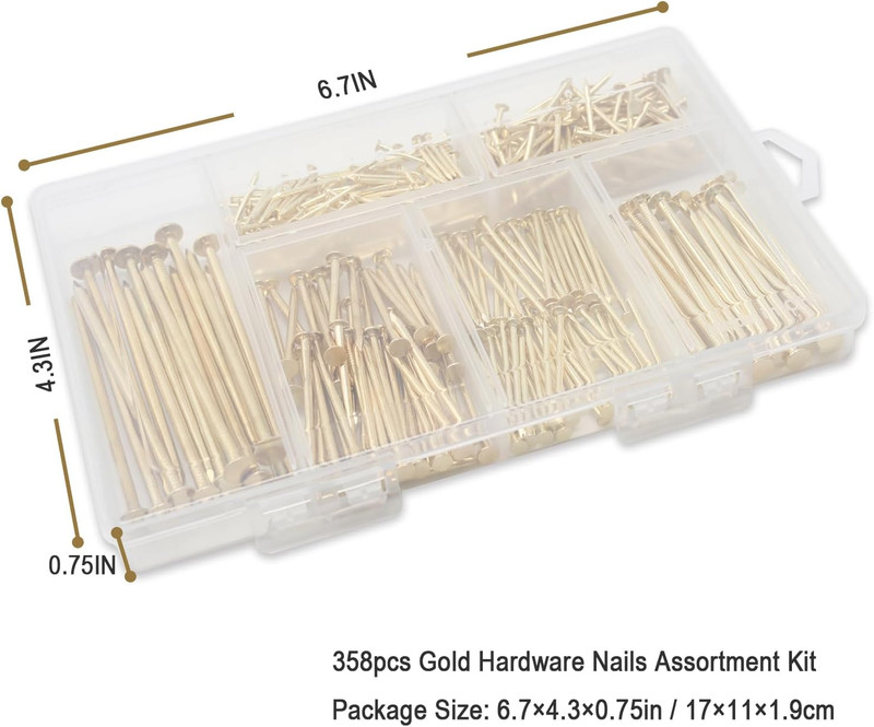 6 Sizes Gold Hardware Nails Assortment Kit, 358Pcs, Brass Plated, Nails for Hang gallery