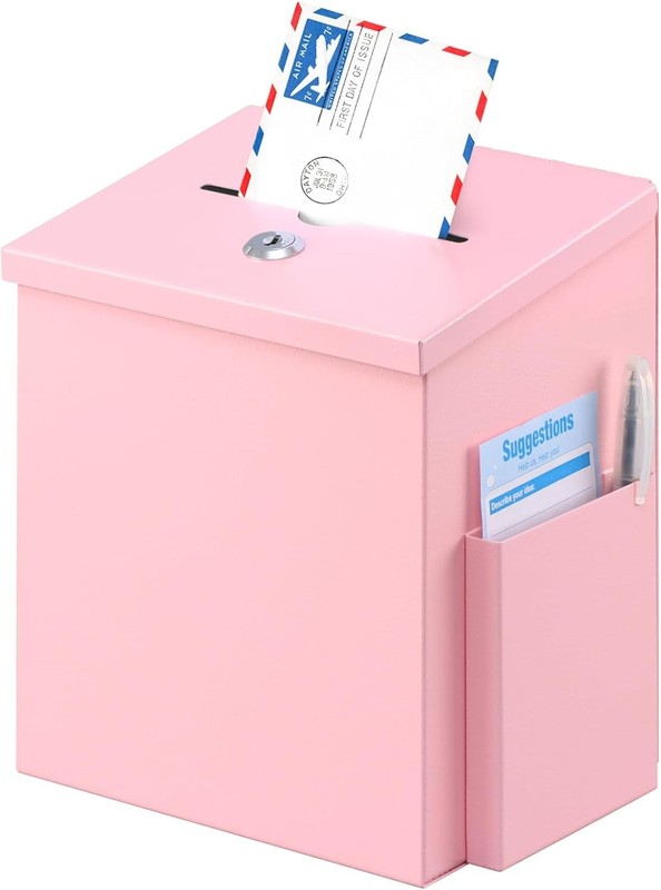 xydled Suggestion Box with Key Lock, Locking Metal Donation Ballot Drop Pink