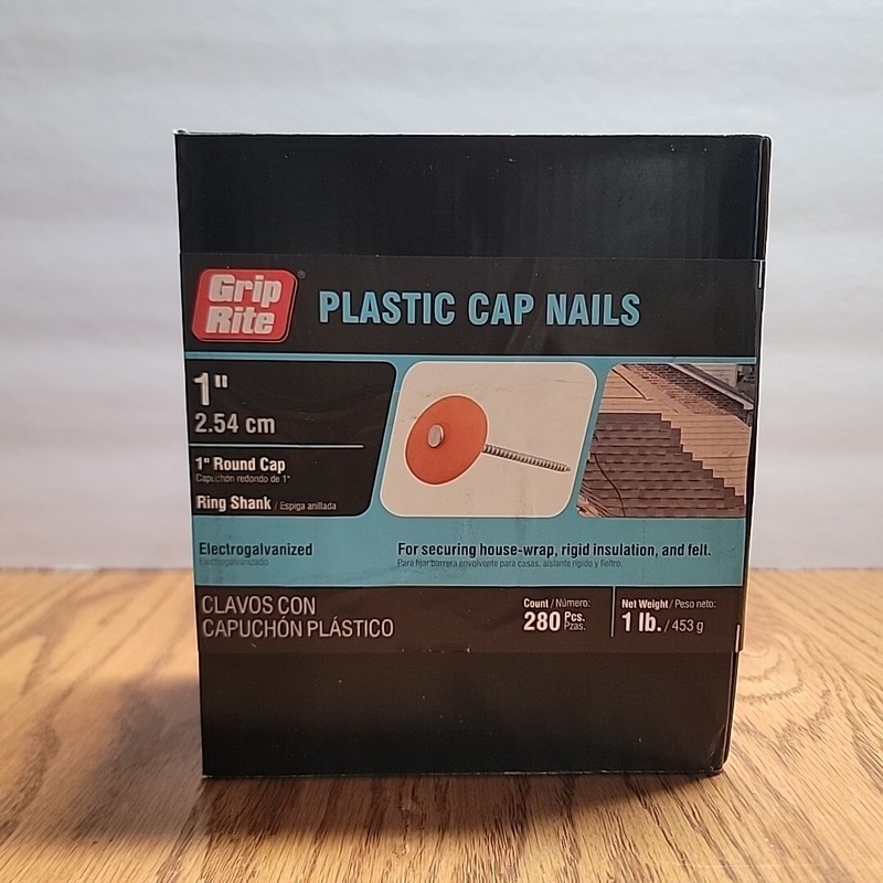 Grip Rite Plastic Cap Nails 1″ Round Cap Ring Shank Electrogalvanized 280 Pc NEW