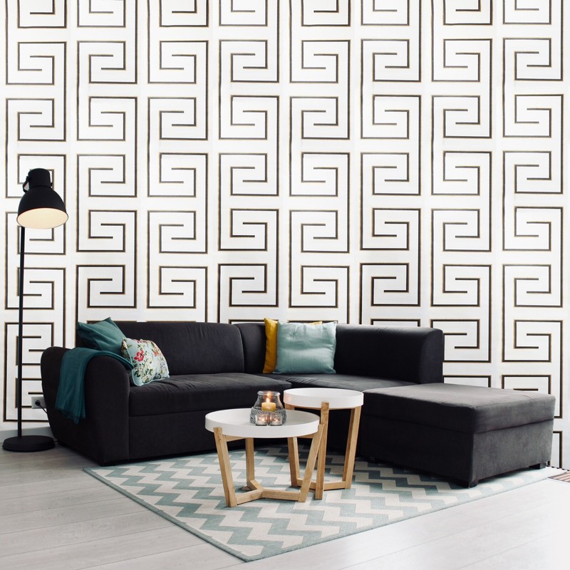 Geometric Greek Key lines Modern Cream off White black gold metallic wallpaper