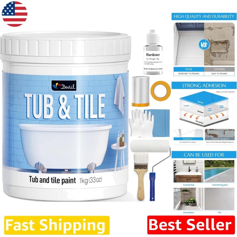 Durable White Tub & Tile Paint 33oz Water Based Waterproof Wear Resistant