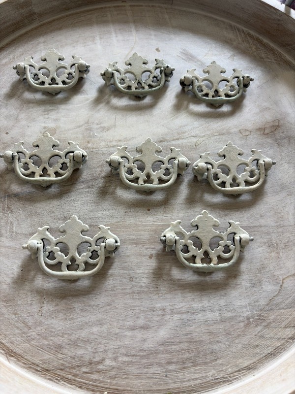 Vtg Distressed Drawer Pulls White Shabby Chic, French Country 3.5” Solid Brass