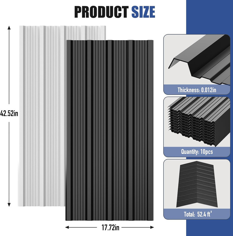 Metal Roofing Panels 10Pcs 52.4 Ft², Black Corrugated Galvanized Steel Roof Pane gallery