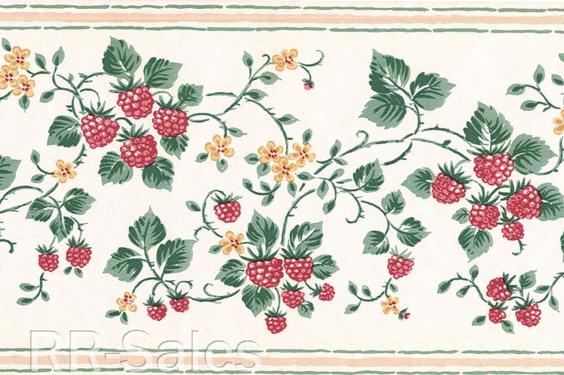 Wild Berrie Raspberry Tiny Yellow Flower Fuit Fine Art Vtg Wall Wallpaper Border