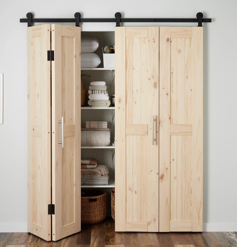 Signature Hardware – 72” Polson Bi-Fold Barn Door Hardware – Opening with doors