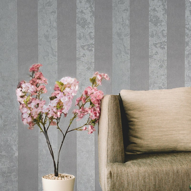 Striped Flocked Textured gray silver metallic flocking stripes velvet Wallpaper