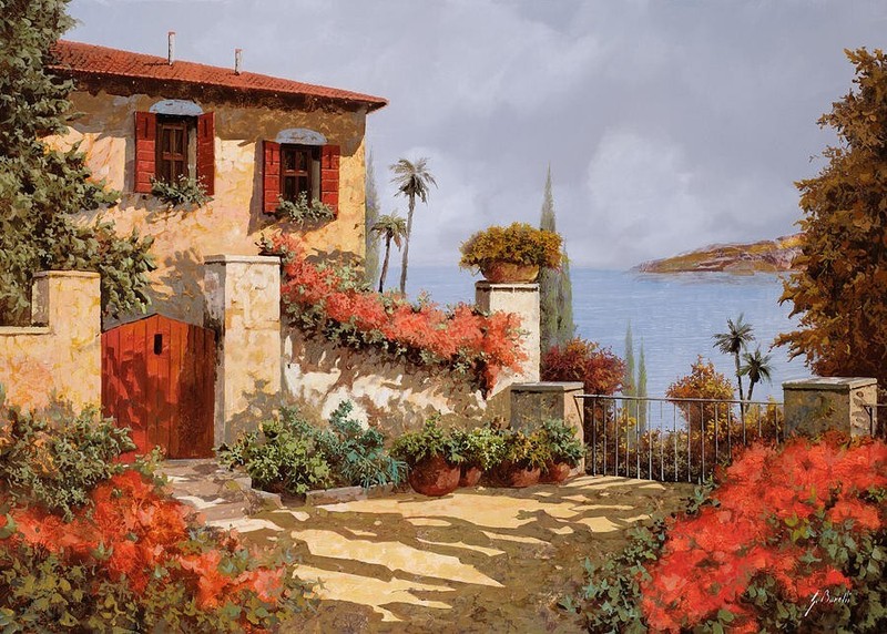 ceramic tile mural backsplash. Mediterranean sea Tuscany villa terrace garden