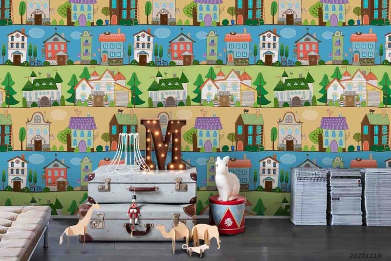 3D Houses Trees Cartoons Pattern Wall Murals Wallpaper Murals Wall Sticker