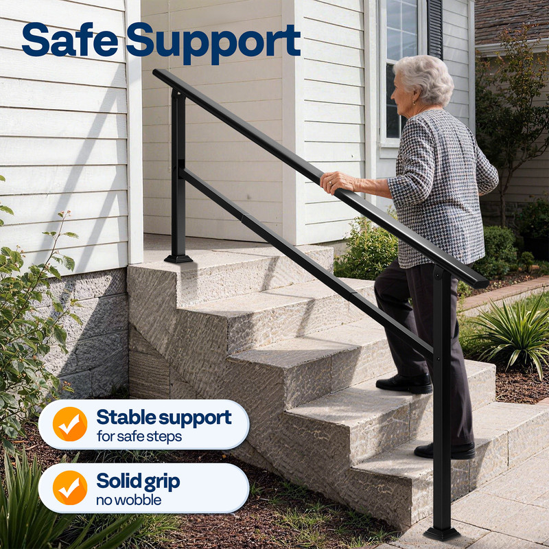 Outdoor Stair Handrail 2-6 Step Adjustable Railing Galvanized Steel Black 2 Pack gallery