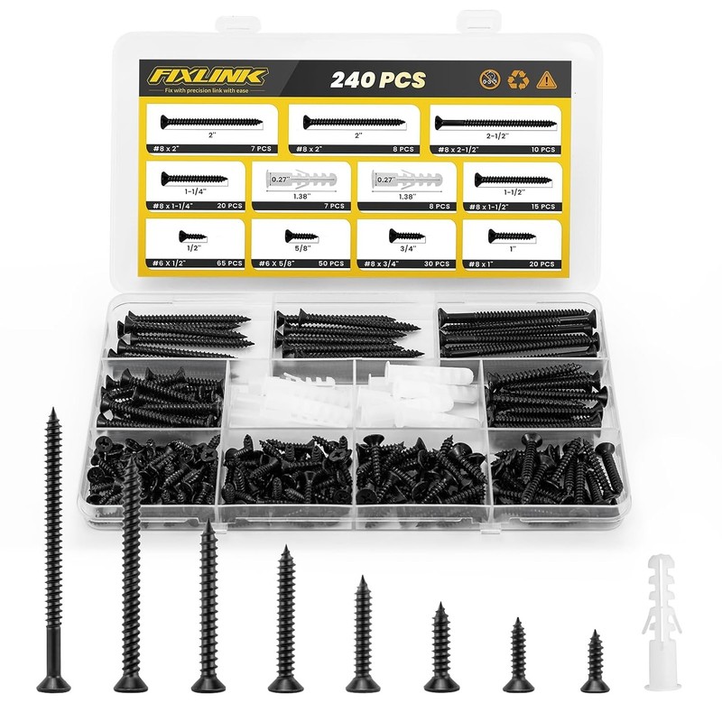 Wood Screws Assortment Kit,240PCS High Hardness Flat Head Wood Screws Set