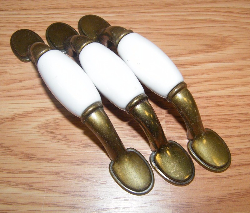 (3) 5″ Inch White Ceramic & Bronze/ Brass Cabinet Door or Drawer Pull Handle