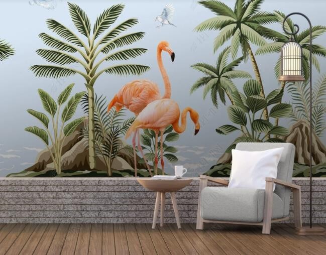 3D Flamingo Topical Palms Stone Self-adhesive Removeable Wallpaper Wall Mural
