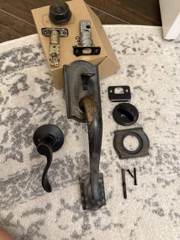 Preowned Sectional Single Cylinder Entry Door Handle Deadbolt Aged Bronze W Key- gallery
