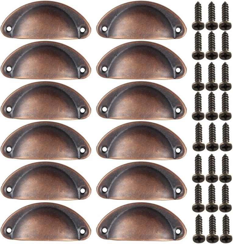 Cabinet Cup Pulls 3 inch (82mm), Rustic Kitchen Cabinet Handles, 12 Pack Copper