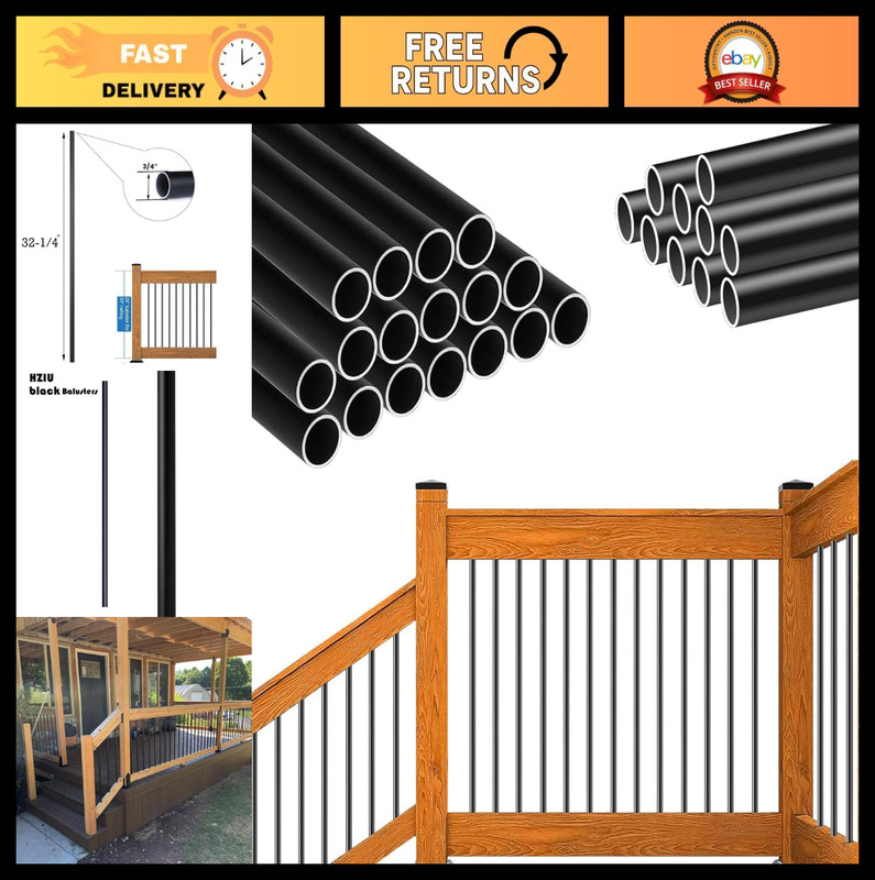 60 Pack 36″ Metal Deck Balusters – Round 3/4″ Black Spindles for Stairs & Railin