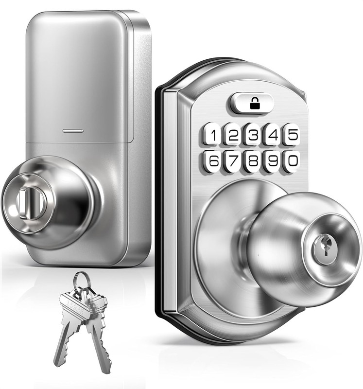 Keyless Entry Door Lock with Handle Keypad Smart Knob Auto Lock Satin Nickel