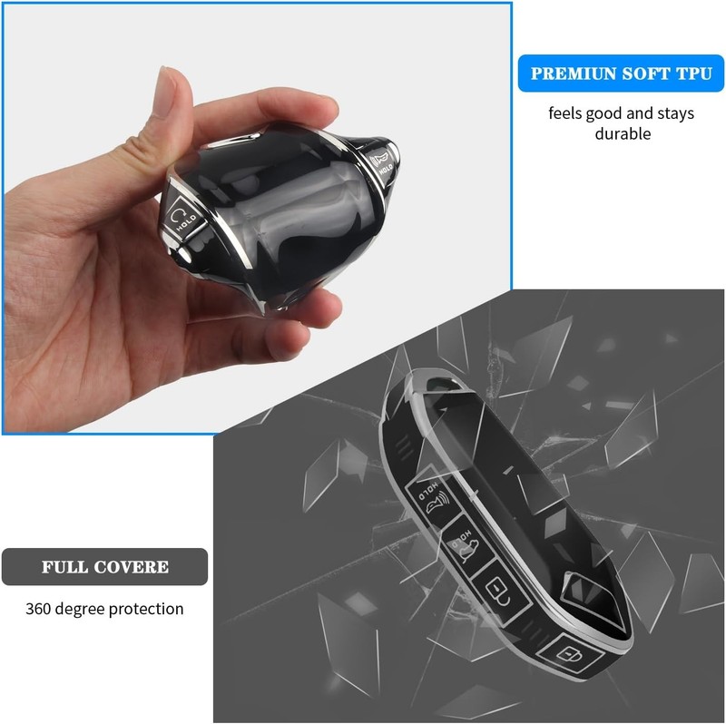 Soft TPU 360° Car Key Case Protector with Leather K Color: Silver Edge - Black gallery