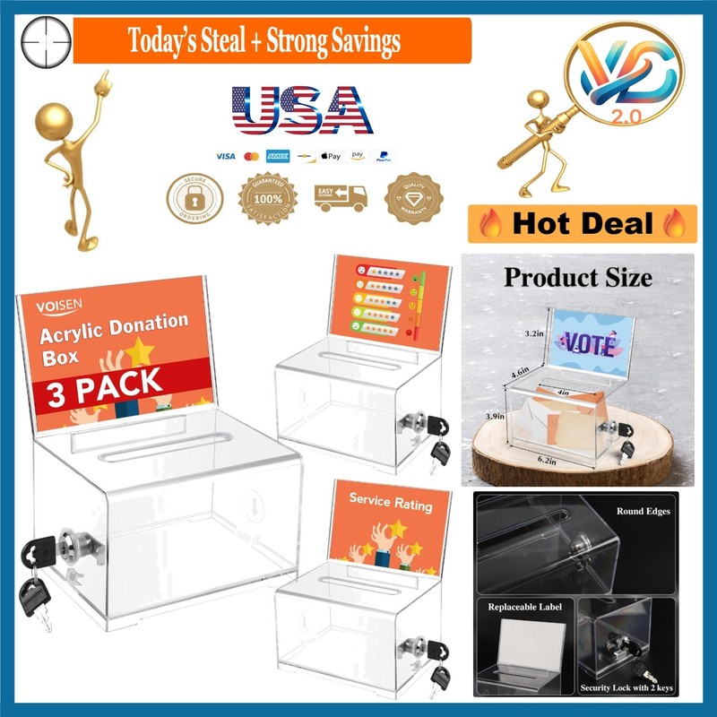 3 Pack Clear Acrylic Donation Boxes with Lock & Sign Holder 6.2x4.6x3.9 in
