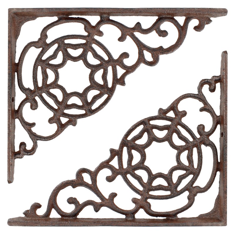 2 Rustic Cast Iron Scrolls Web Shelf Brackets Ornate Corner Brace 9 x 7 1/4 inch