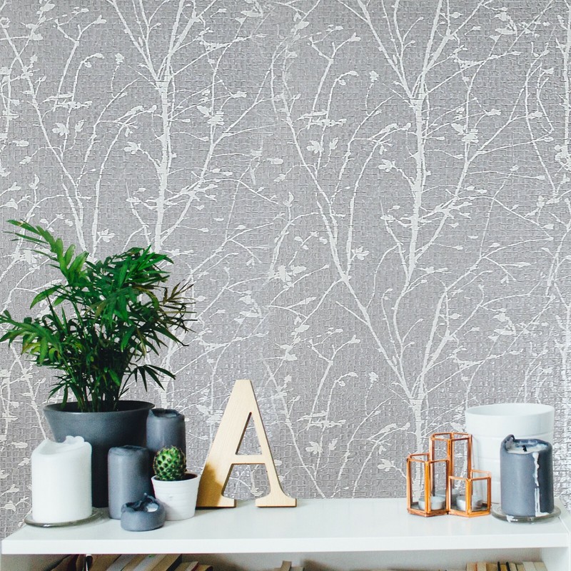 Cream gray silver metallic square tiles textured floral branches Wallpaper rolls