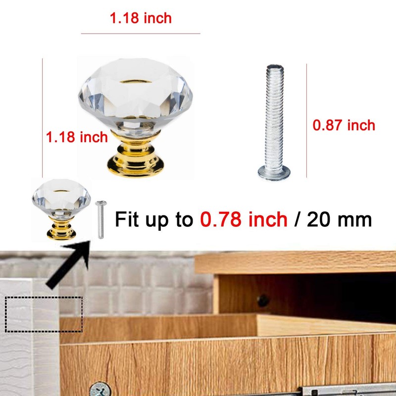 YourGift 12 Pack Drawer Knobs Diamond Shaped Crystal 30 mm, 12 Pack, Gold gallery