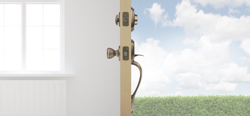 Kwikset Belleview Front Door Lock Handle and Deadbolt Set, An tique Brass gallery